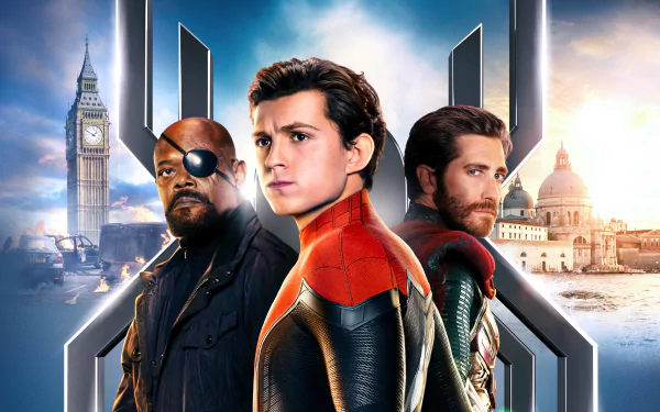 8K Ultra HD wallpaper featuring Tom Holland as Spider-Man, Samuel L. Jackson as Nick Fury, and Jake Gyllenhaal as Mysterio from Spider-Man: Far From Home.