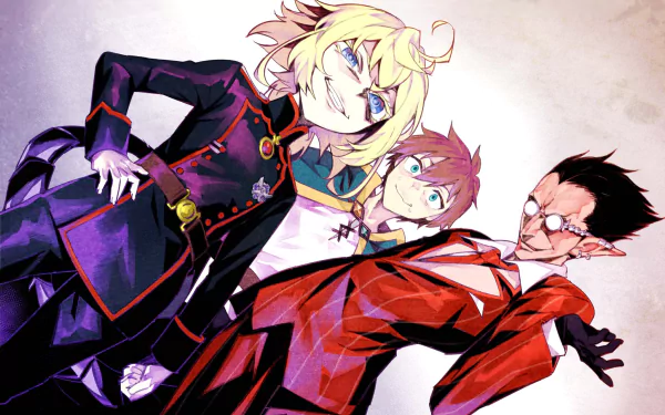 HD desktop wallpaper featuring a crossover of Anime characters Tanya Degurechaff from Youjo Senki, Kazuma Satou from KonoSuba, and Demiurge from Overlord.