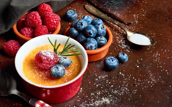 still life fruit berry crème brûlée blueberry raspberry food dessert HD Desktop Wallpaper | Background Image