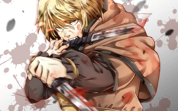 HD anime wallpaper featuring Thorfinn from Vinland Saga, shown in a dynamic pose with intense expression and detailed shading on a splattered background.