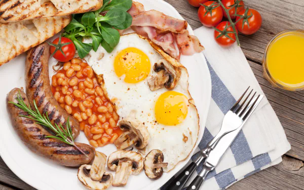 still life plate sausage mushroom tomato egg food breakfast HD Desktop Wallpaper | Background Image