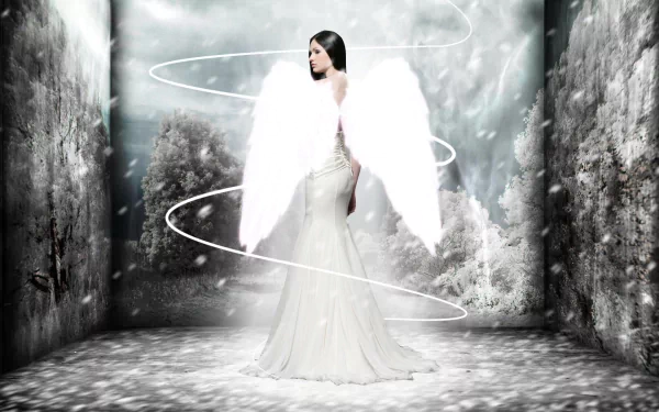 A fantasy-themed HD wallpaper featuring an angelic figure in a flowing white gown and majestic wings, set against a mystical landscape with swirling light effects.