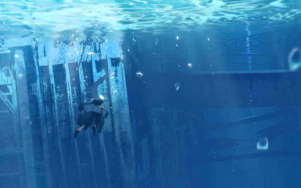 HD anime desktop wallpaper featuring an underwater scene, with a person diving near submerged structures in a blue ambient setting. Bubbles and light rays add a serene atmosphere.