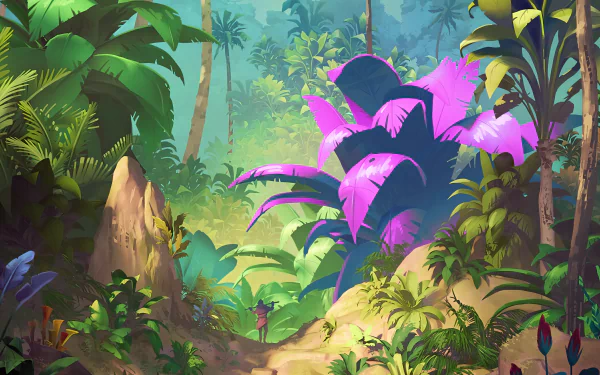 HD desktop wallpaper of a vibrant, fantasy jungle forest, featuring lush green foliage and striking purple plants under a dappled canopy of light.