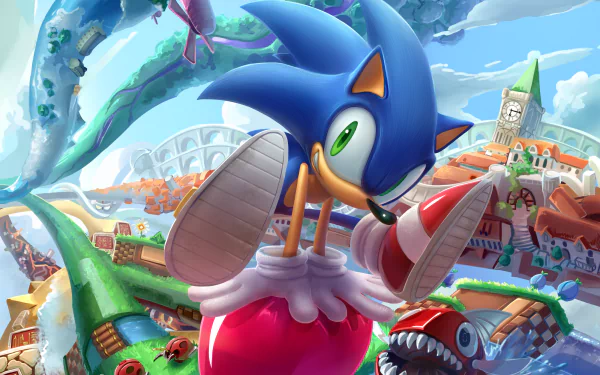 HD PC desktop wallpaper featuring Sonic the Hedgehog with vibrant green eyes in a colorful, dynamic video game landscape.