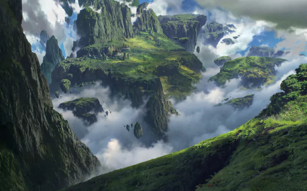 HD PC desktop wallpaper depicting a fantasy landscape of floating islands surrounded by clouds and dramatic mountain peaks.