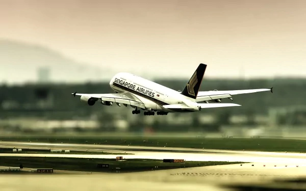 An Airbus A380 from Singapore Airlines takes off from Zurich Airport, soaring above the runway. This HD image showcases the impressive aircraft in action.