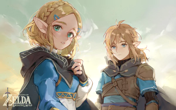 HD desktop wallpaper featuring Zelda and Link from the video game The Legend of Zelda: Tears of the Kingdom. The pair stand against a serene sky backdrop, capturing an adventurous spirit.