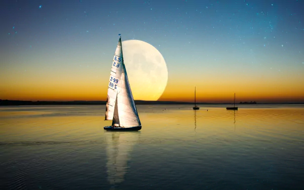 HD desktop wallpaper featuring a sailboat gliding on calm water at sunset with a large full moon and two distant sailboats under a starry sky.