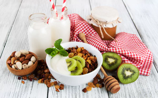 still life granola yogurt fruit honey kiwi food breakfast HD Desktop Wallpaper | Background Image