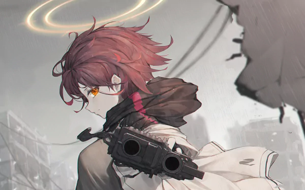 HD desktop wallpaper featuring Exusiai from Arknights. The character has orange eyes, red hair, and holds a gun, set against a background with a halo-like light and a post-apocalyptic landscape.