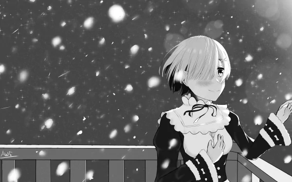 Black and white 4K Ultra HD anime wallpaper featuring Rem from Re:Zero in a snowfall scene.