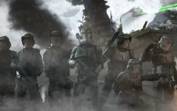 A 4K Ultra HD Star Wars desktop wallpaper featuring Clone Commander Gree and scout troopers in a smoky battlefield with sci-fi elements and laser fire.