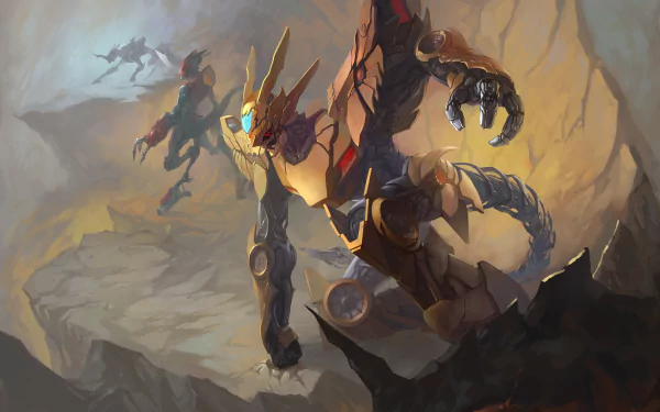 A dynamic 4K Ultra HD anime-style wallpaper featuring a fierce Digimon mecha robot poised on rocky terrain with another robotic figure in the misty background.