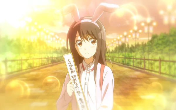 HD anime desktop wallpaper featuring Nanako Yukishiro from Senryuu Shoujo, depicted with bunny ears and holding a scroll on a glowing, sunlit path.