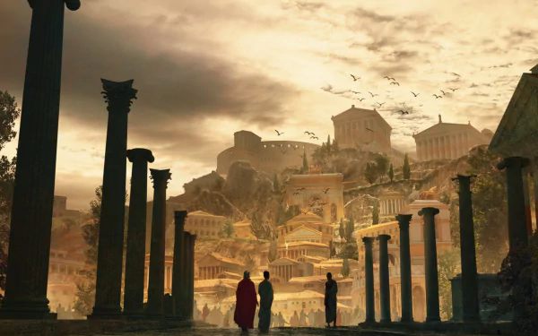 HD PC desktop wallpaper depicting a fantasy city inspired by ancient Rome, featuring majestic temples, towering columns, and a dramatic sky at sunset.