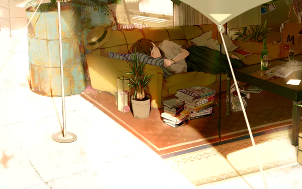 Anime-style illustration of a cozy room with a person sleeping on a couch, surrounded by books, a hat, and beer. The scene is beautifully detailed in HD, making it a visually pleasing desktop wallpaper.