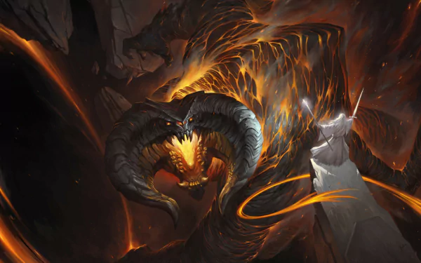 HD desktop wallpaper showcasing Gandalf the Grey confronting the fiery Balrog, from The Lord of the Rings. A stunning fantasy scene with dramatic lighting and intense action.