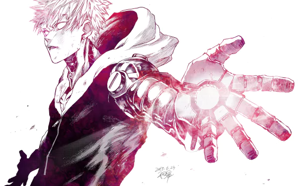 Genos from One-Punch Man, depicted in a dynamic pose with a glowing arm, set against a vibrant background. An 8K Ultra HD anime wallpaper capturing his fierce determination.