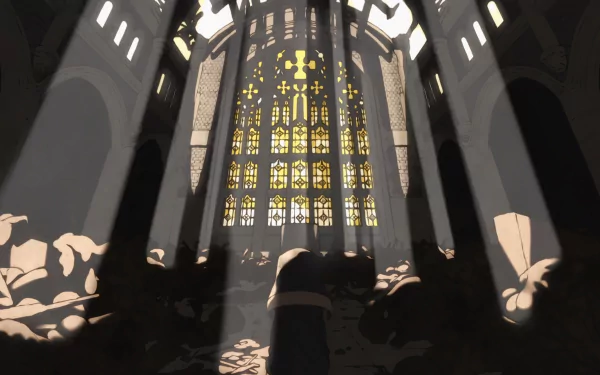 Anime-style HD Fire Force desktop wallpaper featuring dramatic light streaming through a large stained glass window inside a cathedral-like structure.