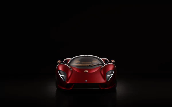 Front view of a red De Tomaso P72 car — a high-end supercar vehicle — on a black background, 8K Ultra HD PC desktop wallpaper.