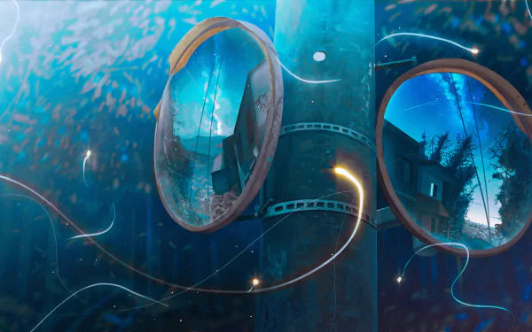 HD anime-style wallpaper featuring a night scene with a pole and two circular mirrors reflecting a serene house surrounded by nature.