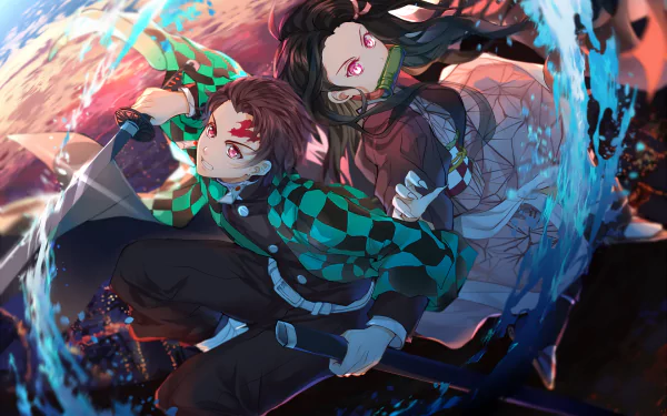 HD desktop wallpaper featuring Tanjiro Kamado and Nezuko Kamado from Demon Slayer: Kimetsu no Yaiba. Tanjiro wields a sword, while Nezuko, with pink eyes, stands ready behind him in an anime-style background.