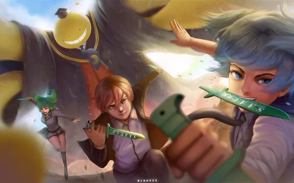 HD PC desktop wallpaper of Nagisa Shiota, Karma Akabane, and Kaede Kayano from the anime Assassination Classroom, charging forward with knives while Koro-sensei looms behind.