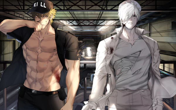 HD PC desktop wallpaper featuring Killer T and U-1146 from the anime Cells at Work!, showcasing their intense and dynamic characters in a detailed industrial setting.