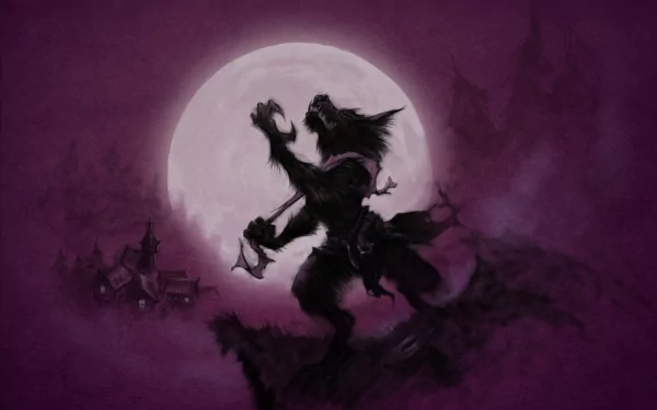 A dark fantasy scene featuring a werewolf silhouetted against a large moon, with a village in the background, creating an eerie and atmospheric HD desktop wallpaper.