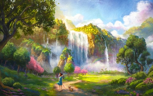 Fantasy Child Dog Waterfall Landscape HD Wallpaper | Background Image