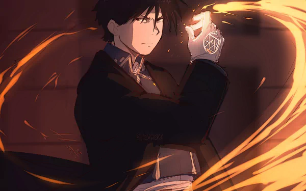HD anime desktop wallpaper of Roy Mustang from Fullmetal Alchemist, showcasing him igniting a flame with intense focus and dynamic fire effects.