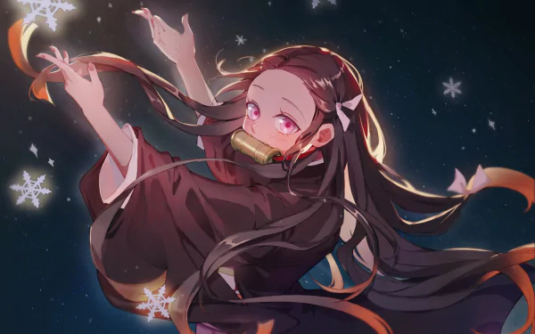 HD desktop wallpaper featuring Nezuko Kamado from the anime Demon Slayer: Kimetsu no Yaiba, with a dark background and snowflakes around her.