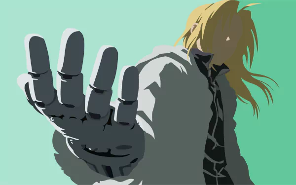 4K Ultra HD PC desktop wallpaper of Edward Elric (Fullmetal Alchemist), anime-style, reaching out with his automail hand against a flat teal background.