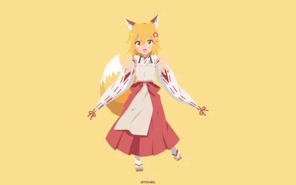 Minimalist 4K Ultra HD anime wallpaper of Senko-san with blonde hair, yellow eyes, fox ears, tail, and a skirt, set against a soft yellow background.