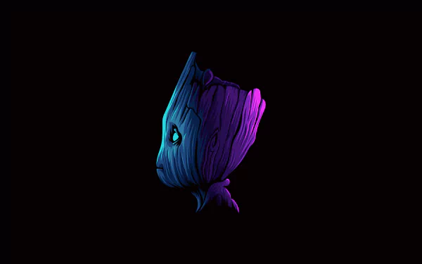 HD desktop wallpaper featuring a comic-style Baby Groot from Guardians of the Galaxy, glowing in vibrant blue and purple hues against a black background.