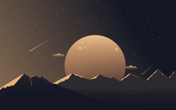 An artistic minimalist HD wallpaper featuring a large moon in a night sky with stars, framed by mountain silhouettes. The serene nature scene serves as a stunning desktop background.