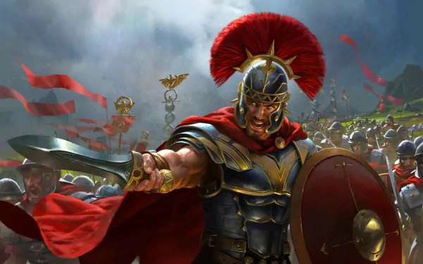 A fierce Roman centurion warrior wields a sword and shield leading a legion of Roman legionaries in a fantasy battle, depicted in high-definition detail.