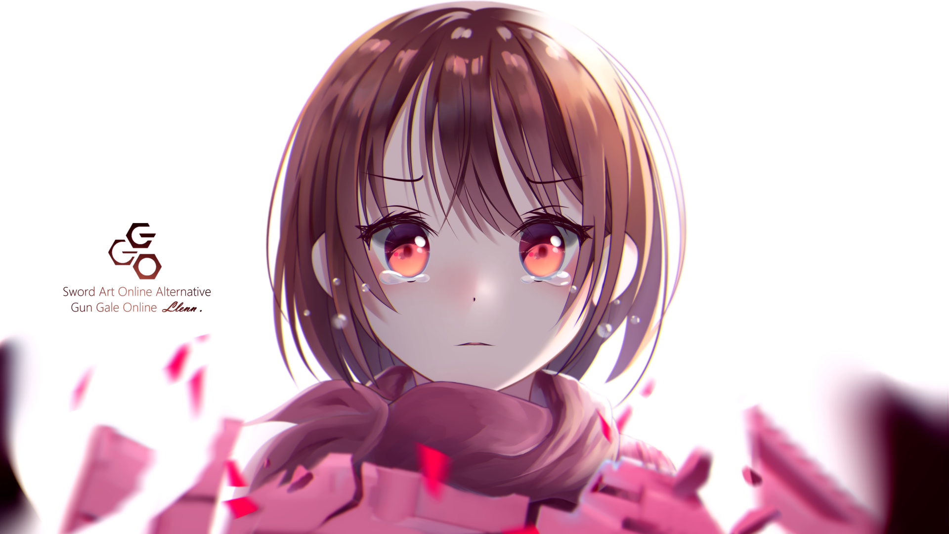 4K Ultra HD anime wallpaper featuring Karen Kohiruimaki as LLENN from Sword Art Online Alternative: Gun Gale Online, with detailed red eyes and a pink scarf.