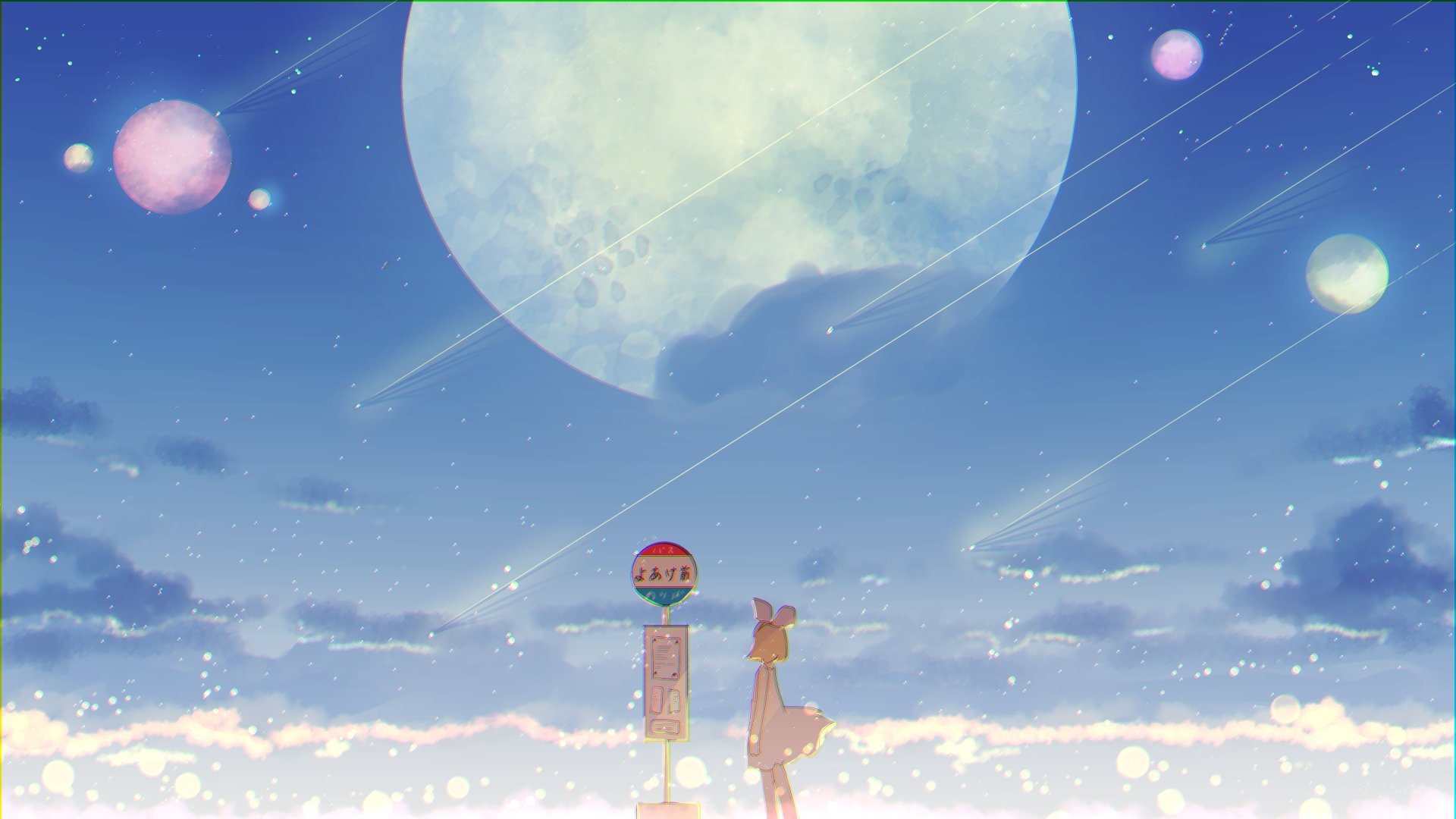 4K Ultra HD anime wallpaper featuring Rin Kagamine from Vocaloid against a dreamy night sky with a large glowing moon and scattered stars.