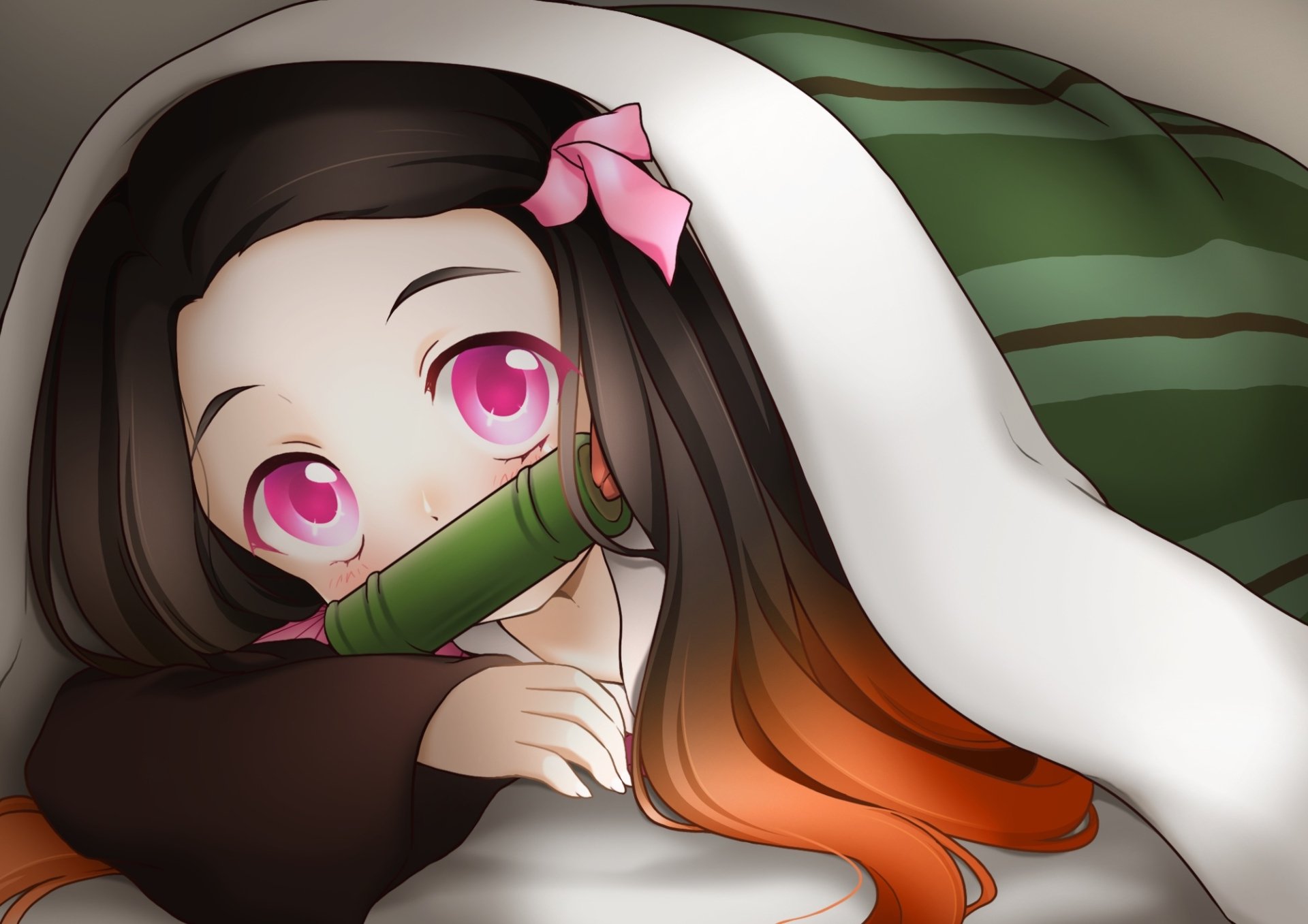 HD desktop wallpaper featuring Nezuko Kamado from the anime Demon Slayer: Kimetsu no Yaiba. Nezuko is depicted with her signature pink eyes, bamboo muzzle, and a pink bow in her hair.