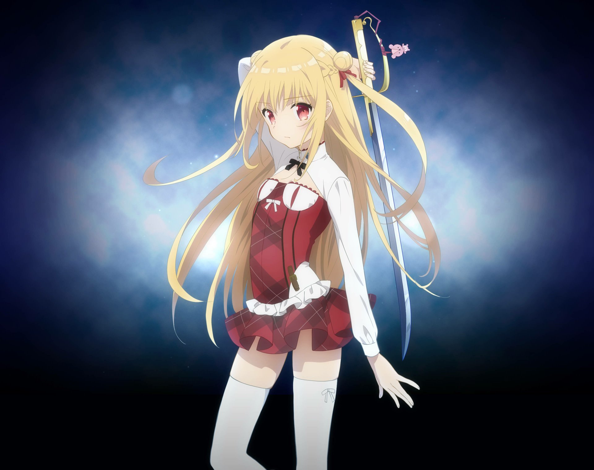 Melida Angel (Assassins Pride) — anime girl in a red dress and white blouse, long blonde hair and red eyes, posed against a blue glowing 4K Ultra HD PC desktop wallpaper background.