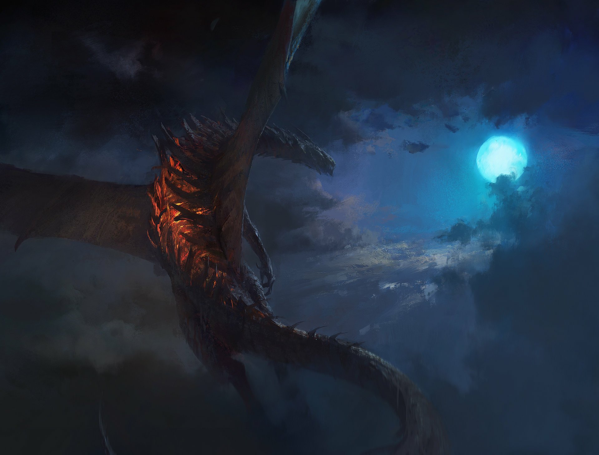 HD PC wallpaper featuring a fantasy dragon soaring through a dark night sky illuminated by a glowing full moon.