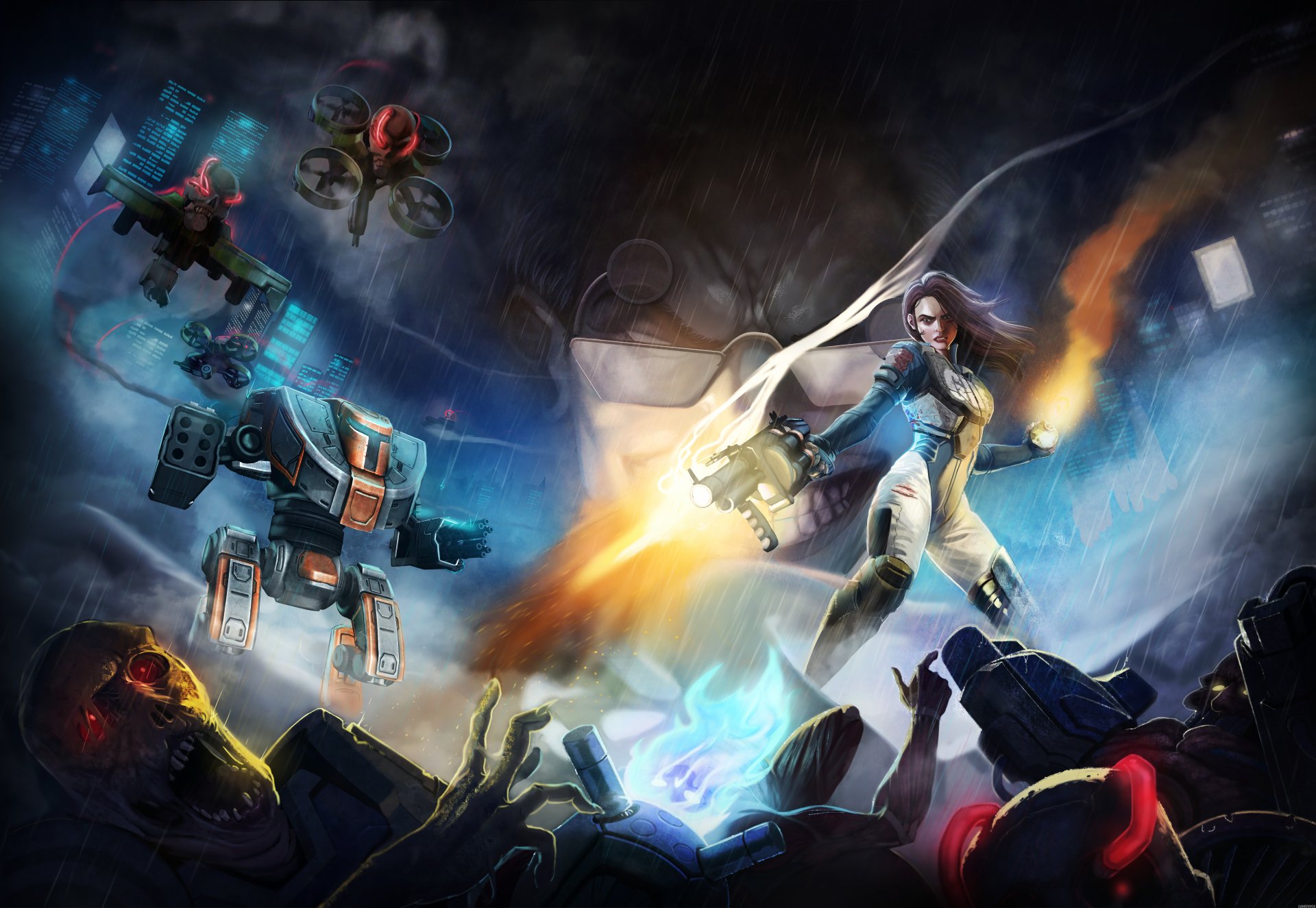 8K Ultra HD PC desktop wallpaper: Ion Fury video game artwork of a woman warrior wielding an energy blade amid explosions, facing a towering combat robot and hovering drones over a ruined city.