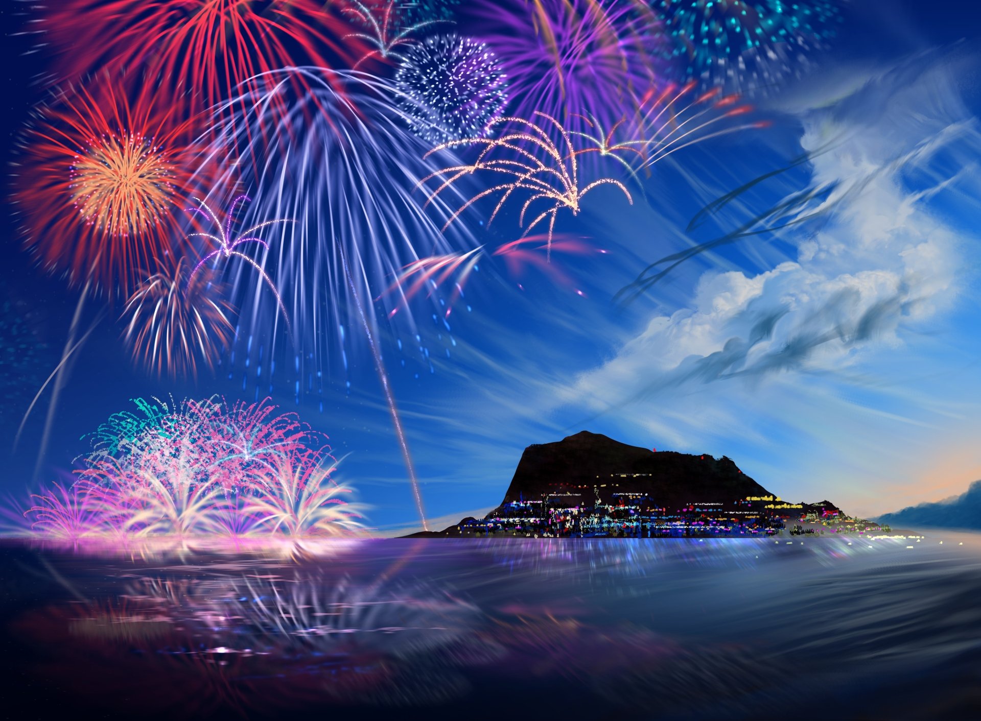 Anime-styled HD desktop wallpaper featuring a vibrant display of fireworks over a scenic island with illuminating city lights, set against a dynamic blue sky.