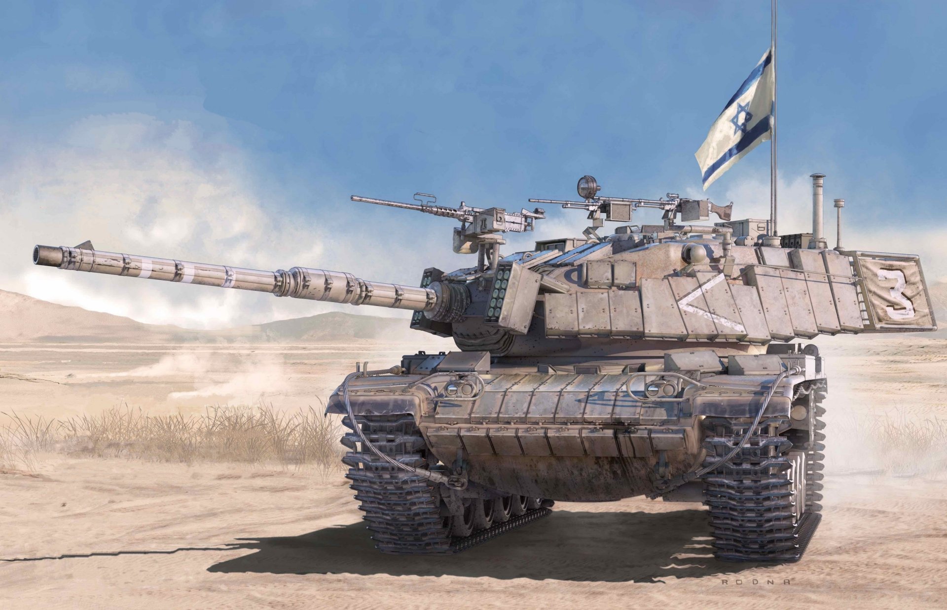 HD PC desktop wallpaper featuring a detailed Magach military tank positioned in a desert setting with an Israeli flag flying.