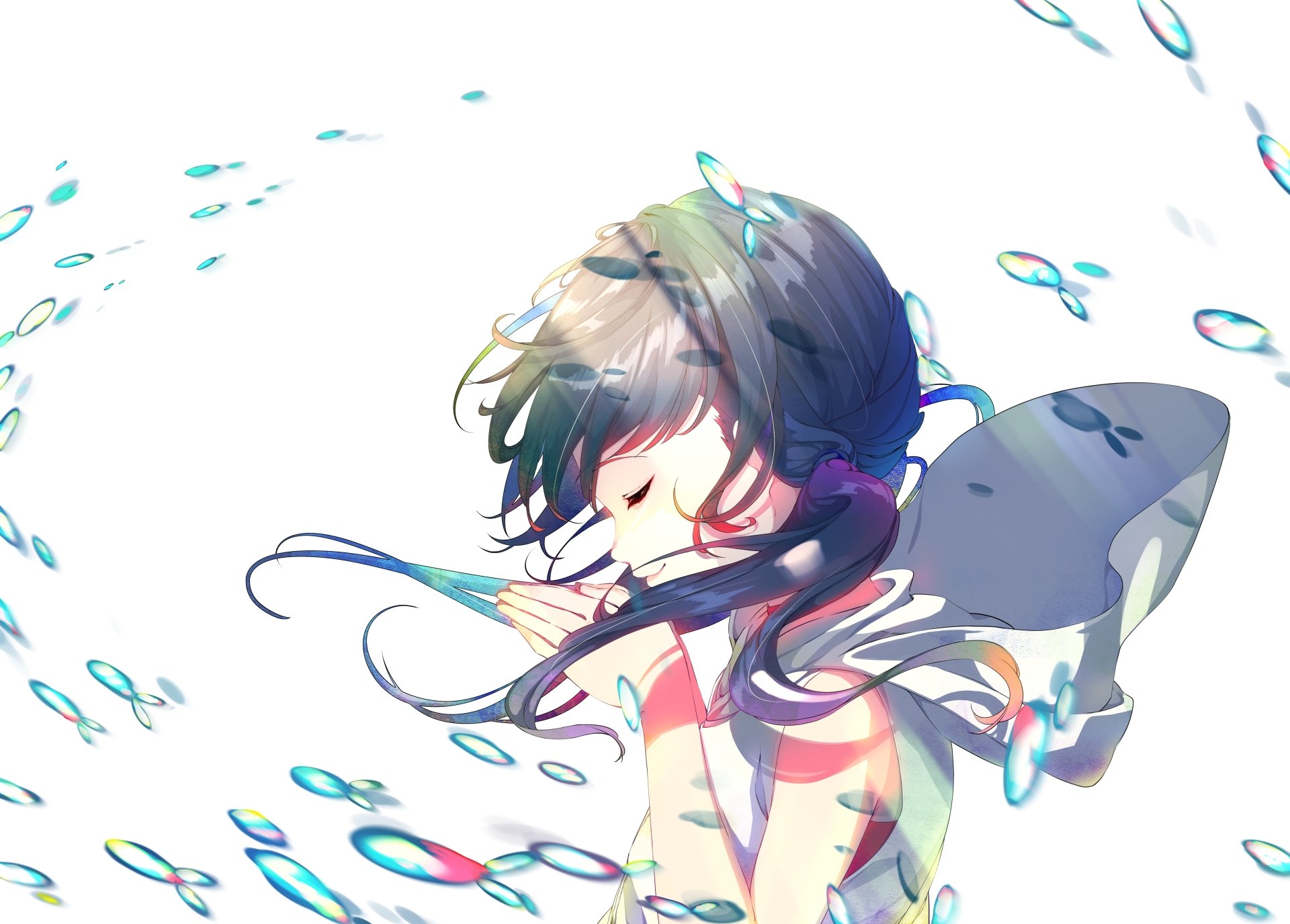 4K Ultra HD anime wallpaper featuring Hina Amano from Weathering with You, surrounded by delicate water droplets and soft lighting effects.