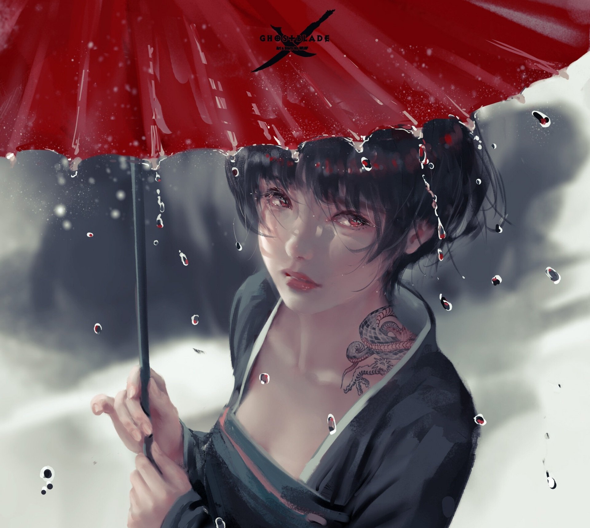 HD PC desktop wallpaper featuring a GhostBlade comic-style character with dark hair, a tattoo, and a red umbrella in the rain.