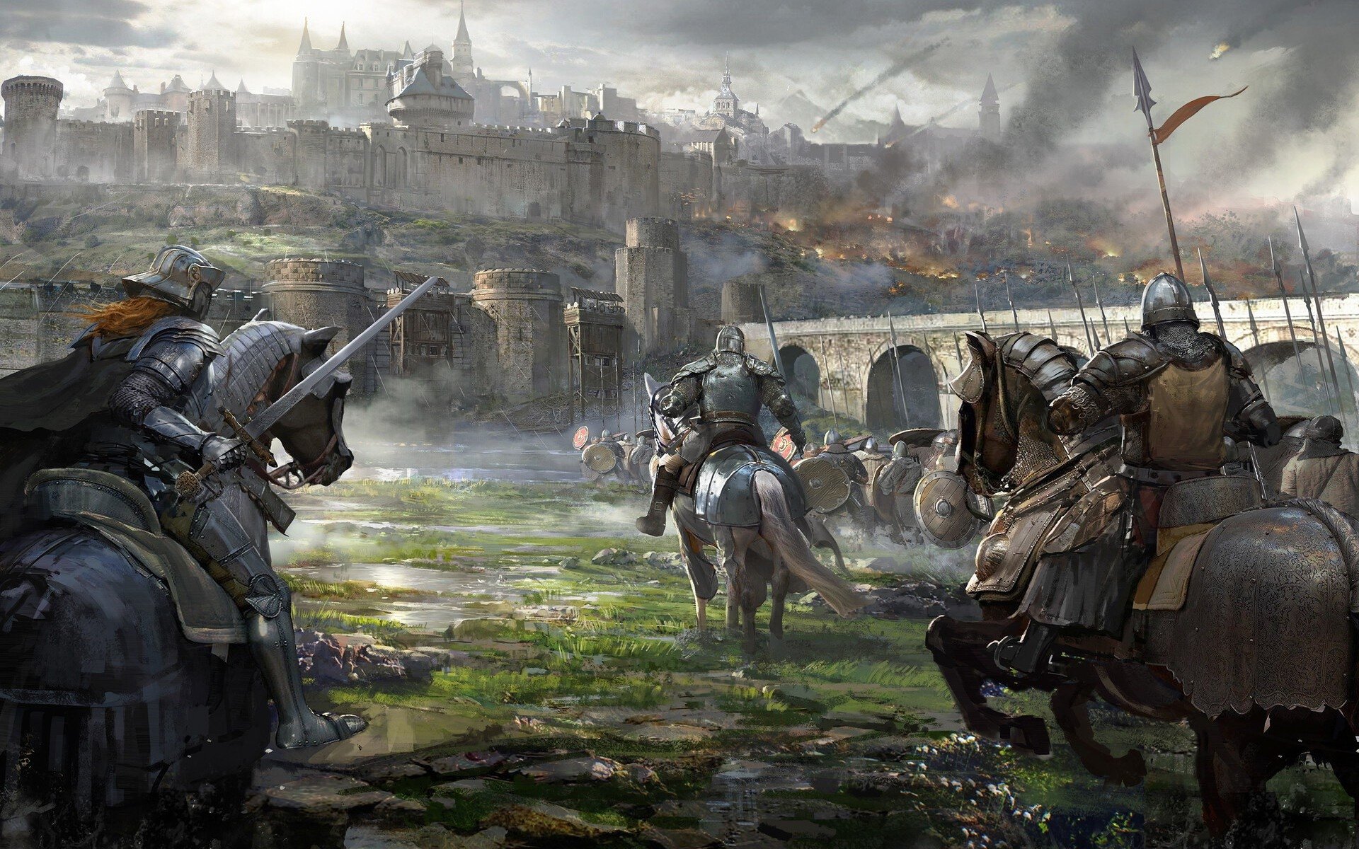 A fantasy warrior in armor wields a sword on horseback, charging toward a castle under siege in this HD desktop wallpaper depicting epic war and medieval knights.