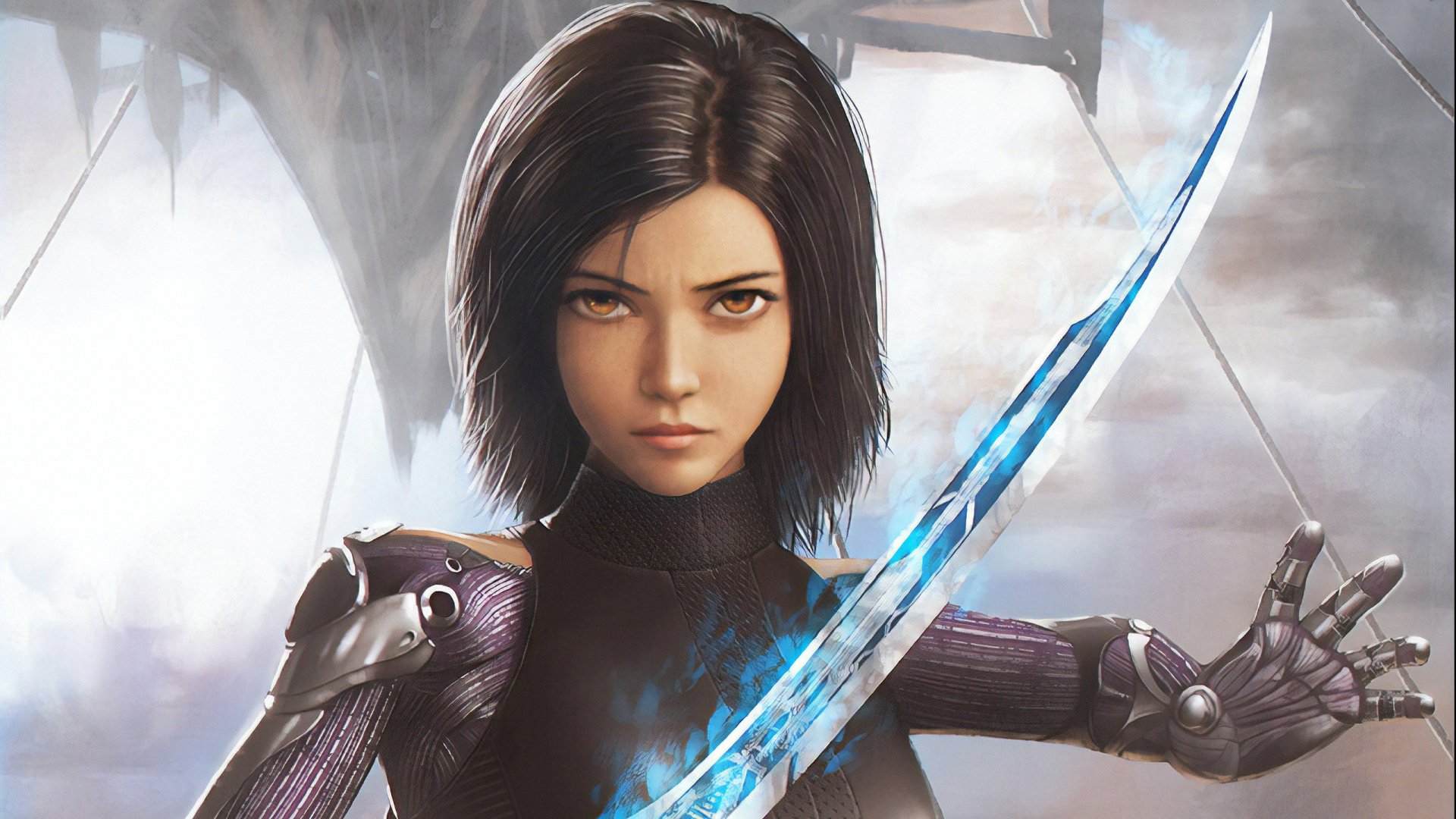 Cyborg Alita from the movie Alita: Battle Angel, brandishing a glowing blade in a cinematic 2K Quad HD PC desktop wallpaper.